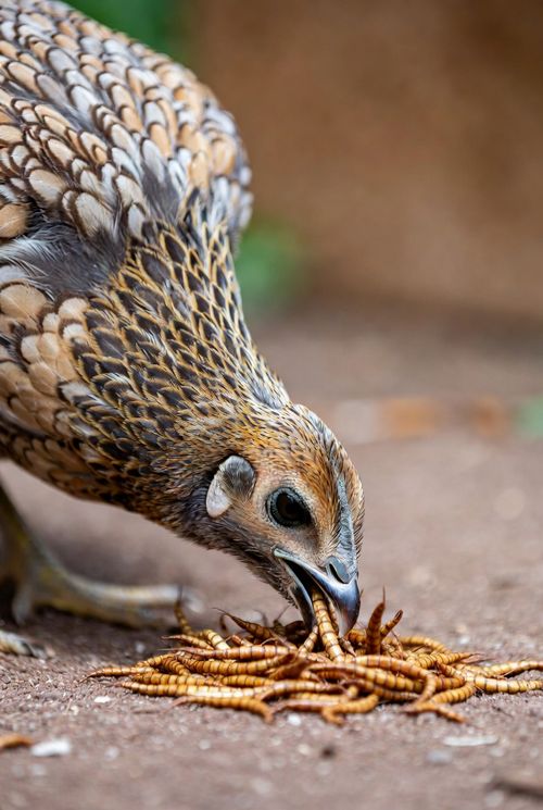 乾燥ミルワームを食べるニワトリ